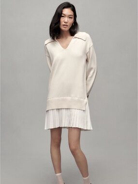 English Factory Cream V-Neck Twofer Collared Sweater Dress